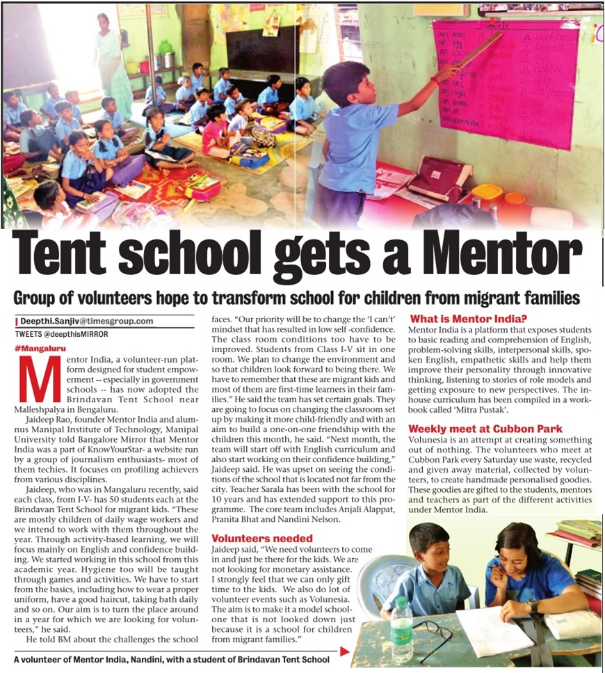 Mentor India at Brindavan Tent School - Bangalore Mirror